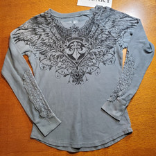 Affliction Shirt Women Medium Blue Top V Neck Wings Rock Moto Angel Wings Stones