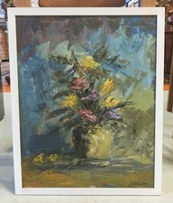 QUADRO DIPINTO firmato Stucchi OLIO TAVOLA vaso fiori NATURA MORTA epoca 900 old