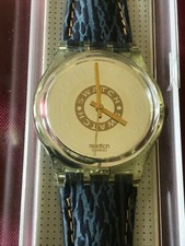 Orologio da polso SWATCH Gent DELAVE (GK145)-NUOVO/NOS-Argento/Blu-Pelle/Jeans-Look