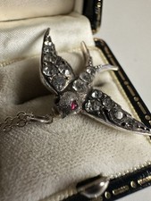 Collana antica edoardiana argento sterling rondine occhi rubino pasta ciondolo