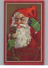 Antico Vittoriano Babbo Natale Su Telefono Verde Guanti Natale Cartolina c1915