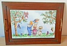 Vassoio legno noce ceramica manici dipinto a mano fate fairy bambini antico
