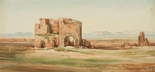 GROBON (XIX secolo), rovine in Campagna Romana, 1850 circa, acquerello romantico