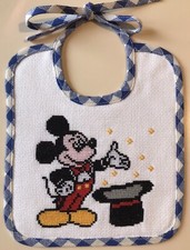 BAVETTA BAVAGLINO “TOPOLINO”RICAMATA A MANO A PUNTO CROCE NUOVA