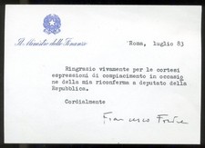 PARTITO SOCIALISTA-AUTOGRAFO *FRANCESCO FORTE* MINISTRO Governo FANFANI 1982-83