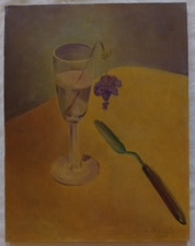 Cesare Pezzali Dipinto Natura morta Bicchiere 1969 Quadro Olio su tela 45x35 cm