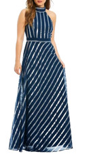 Maxi abito LAVANDERIA Shelli Segal a righe metalliche 4 fiocchi schiena collo alto supporto