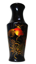 Vaso vintage giapponese dipinto a mano in lacca carpa/pesce rosso 9 pollici