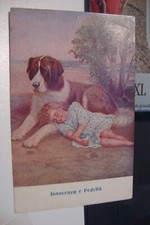 cartolina viagg. 1920 disegnata cane san Bernardo e bambina innocenza e fedeltà