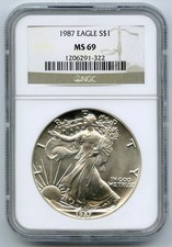 1987 American Eagle 1 Oncia Argento Dollaro NGC MS69 Certificato Lingotto - P593