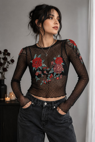 Top rosa floreale - , ricamato