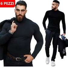 6 MAGLIE TERMICHE UOMO MICROFIBRA COLLO ALTO GIROCOLLO FELPATO fitness moda NERE