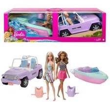 Barbie set da Gioco che include Fuoristrada Jeep  Motoscafo e due Bambole Mattel