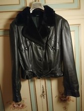 GIACCA DI PELLE VINTAGE DONNA NERA TAGLIA M tipo Chiodo con collo in montone 