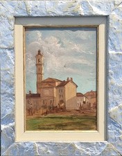 Chiesetta di paese 1943, olio su cartone pressato,  firma da Identificare 