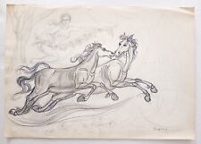 Saverio Scutellà Due cavalli e donna nuda con festone Disegno Firmato 50x35 cm