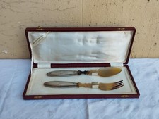 ANTICA COPPIA POSATE DA SERVIZIO PER INSALATA MANICI IN CORNO ARGENTO 800 DECO'