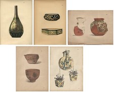 Stampe antiche SERIE 5 FOGLI STILE GIAPPONE VASI ANFORE 1885 Antique prints