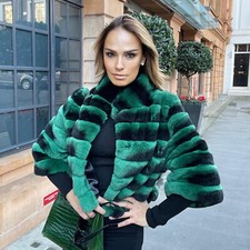 Cappotto donna verde vera pelliccia di coniglio rex cincillà ritagliato stand-up giacca colletto