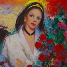 Serigrafia Ezio Farinelli Firmata arte figurativa Volto Donna Ragazza Fiori alba