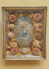 Grande Teca Devozionale XIX Secolo Italia Fiori E Perline Madonna Del Rosario