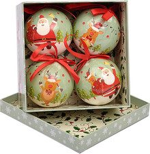 - Set 4 Sfere Decoupage Ornamentali Santa & Reindeers (Ø7,5Cm) Con Nastro in Tes