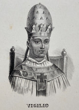 STORIA DELLA CHIESA-PONTEFICE VIGILIO-ANTICO RITRATTO-LITOGRAFIA DELL'800