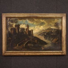 Dipinto antico quadro italiano olio tela paesaggio architetture XVIII secolo