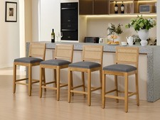 Set 4 Sgabelli da Bar Altezza 27,9" Tessuto Lino Legno Massello Schienale Rattan Sedie Bar Grigio