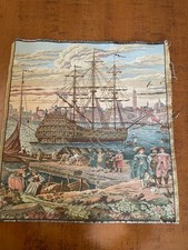Antico arazzo da incorniciare, dim. cm. 40 x 43.5 - soggetto porto e veliero 
