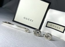 Gemelli con clip per cravatta Gucci originali ad incastro doppia barra G...