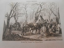 1836 INCISIONE ACCIAIO Bivacco di cosacchi A CHAMPS-ÉLYSÉE GUERRA NAPOLEONICA FRANCIA