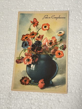BUON COMPLEANNO VASO  PAPAVERI FIORI VECCHIA CARTOLINA OLD POSTCARD