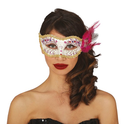Maschera bianca con piuma rosa - maschera,