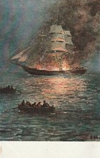 C2 - Cp Cartolina Illustrata Incendio Nave Vela Scialuppe Salvataggio - Fp Nvg