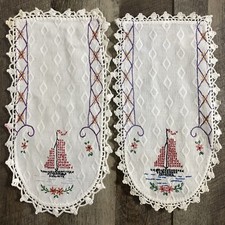 Poltrona vintage ricamata a mano set 2 centrini bordo uncinetto nave barca