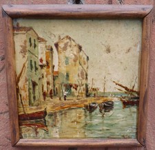 Piastrella ceramica dipinta policroma epoca '900 paesaggio con barche marina