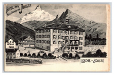 Cartolina d'epoca primi '900 vecchio hotel Souste nelle Alpi svizzere retro diviso
