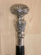 Bastone Da Passeggio Vintage Con Pomello Nichelato In Legno Nero 92Cm