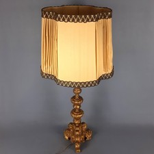 Antica Lampada Da Tavolo Legno Ottone Oro Antichizzato Paralume Beige XX Sec.