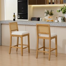 Set of 2 27.9" H Linen Fabric Barstools Solid Wood Rattan-Back Bar Chairs Beige