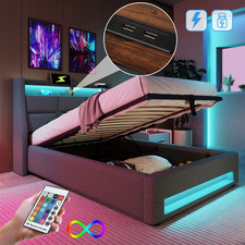 Letto Singolo Con LED E USB Contenitore 90x200 Cm Imbottito con Vano Beige Nero