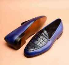 Scarpe uomo fatte a mano tono blu texture coccodrillo mocassino slip on formale casual