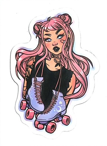 Pink haired roller skater - pink, girl