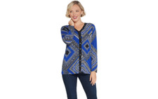 Tunica a maglia liquida stampata artigianale Susan Graver con abbellimento blu XS A344642