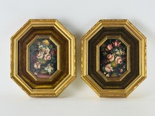 Coppia Di Quadri Dipinto Ad Olio Con Cornice Ottagonale Dorata E Vetro XX Sec.