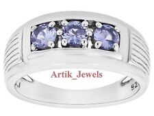 Tanzanite Naturale Gemma Con 14K Placcato Oro Bianco Anello Argento per Uomini #