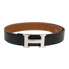 HERMES 32MM H FIBBIA CINTURA REVERSIBILE IN PELLE 70 unisex Nero Marrone 【A】