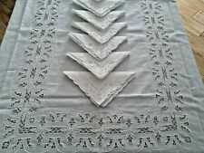 Elegante Tovaglia x12 puro lino con ricamo Intaglio e Punto Pieno a mano