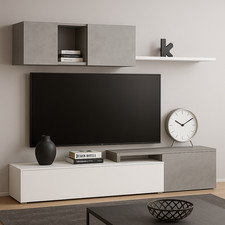 Parete attrezzata mobile soggiorno TV con mensola e modulo sospeso bianco grigio